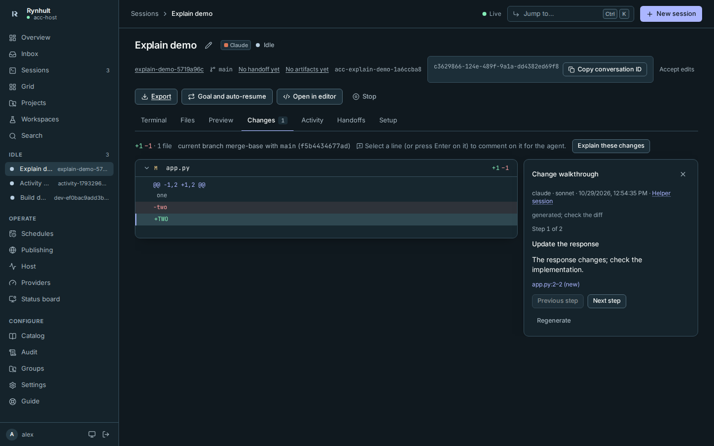 A generated walkthrough beside the diff, with agent, model, time and exact line links