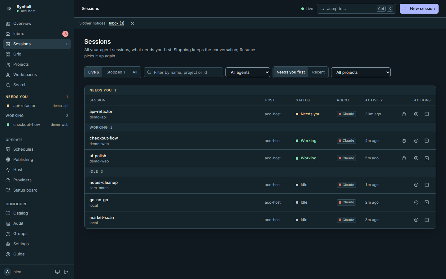 The sessions list groups sessions by priority and offers filters
