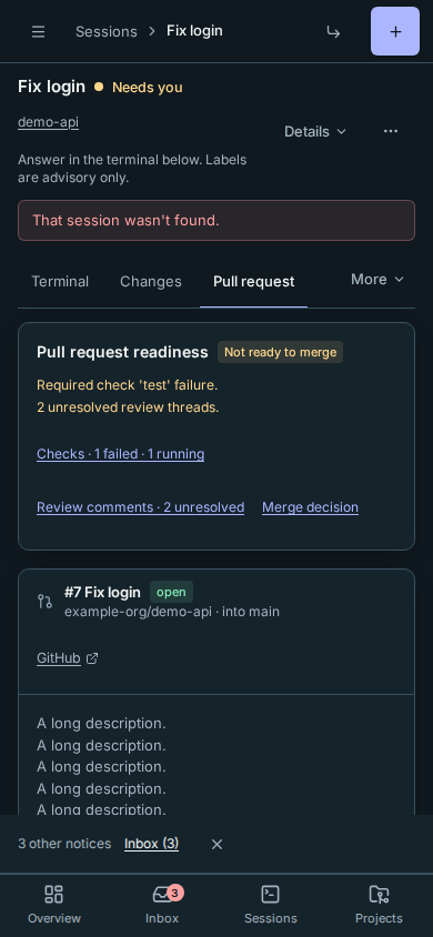 The same blockers-first pull-request summary on a phone