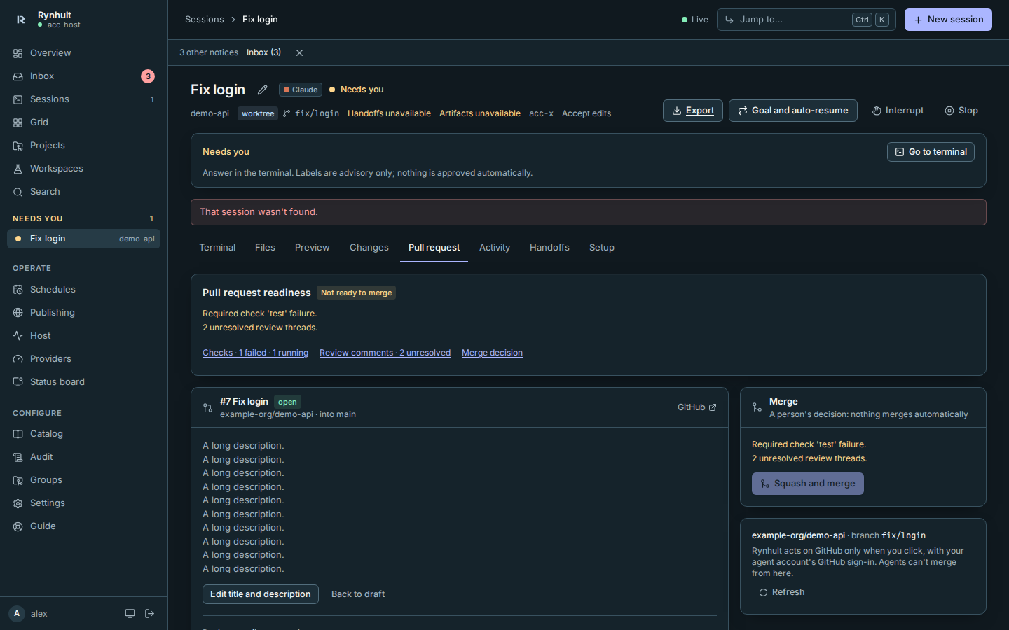 Pull-request readiness before a long description, with failing and running checks and unresolved review comments