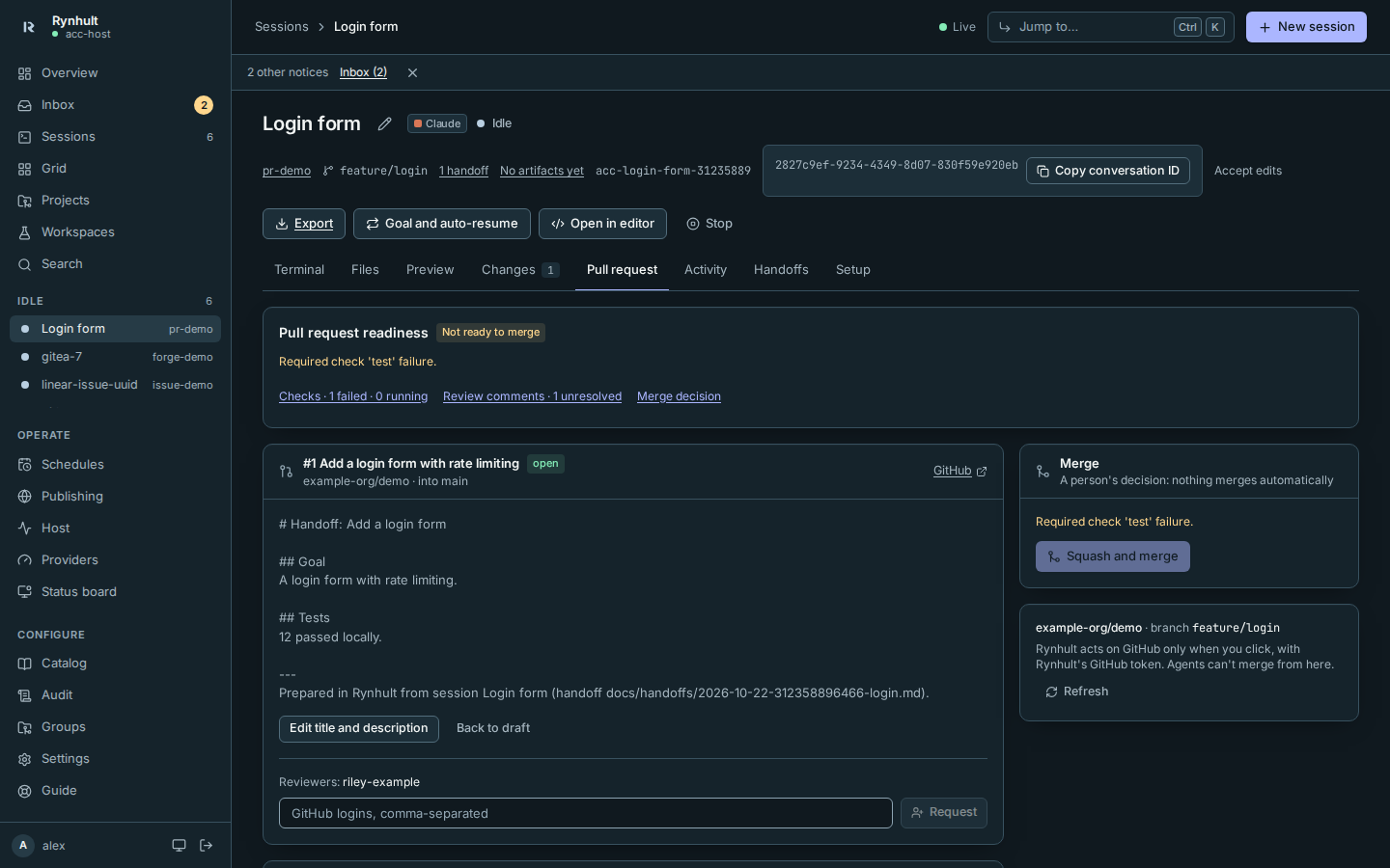 A session's Pull request tab: the pull request, its checks with the failing required check, review comments and the Merge card listing what blocks it