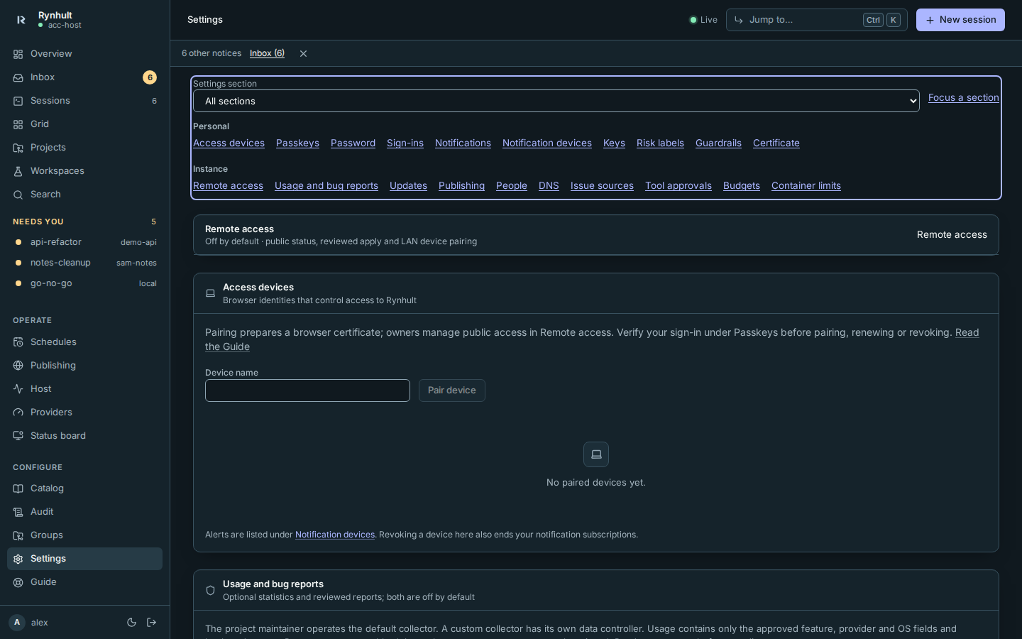 All sections exposes the grouped Personal and Instance links