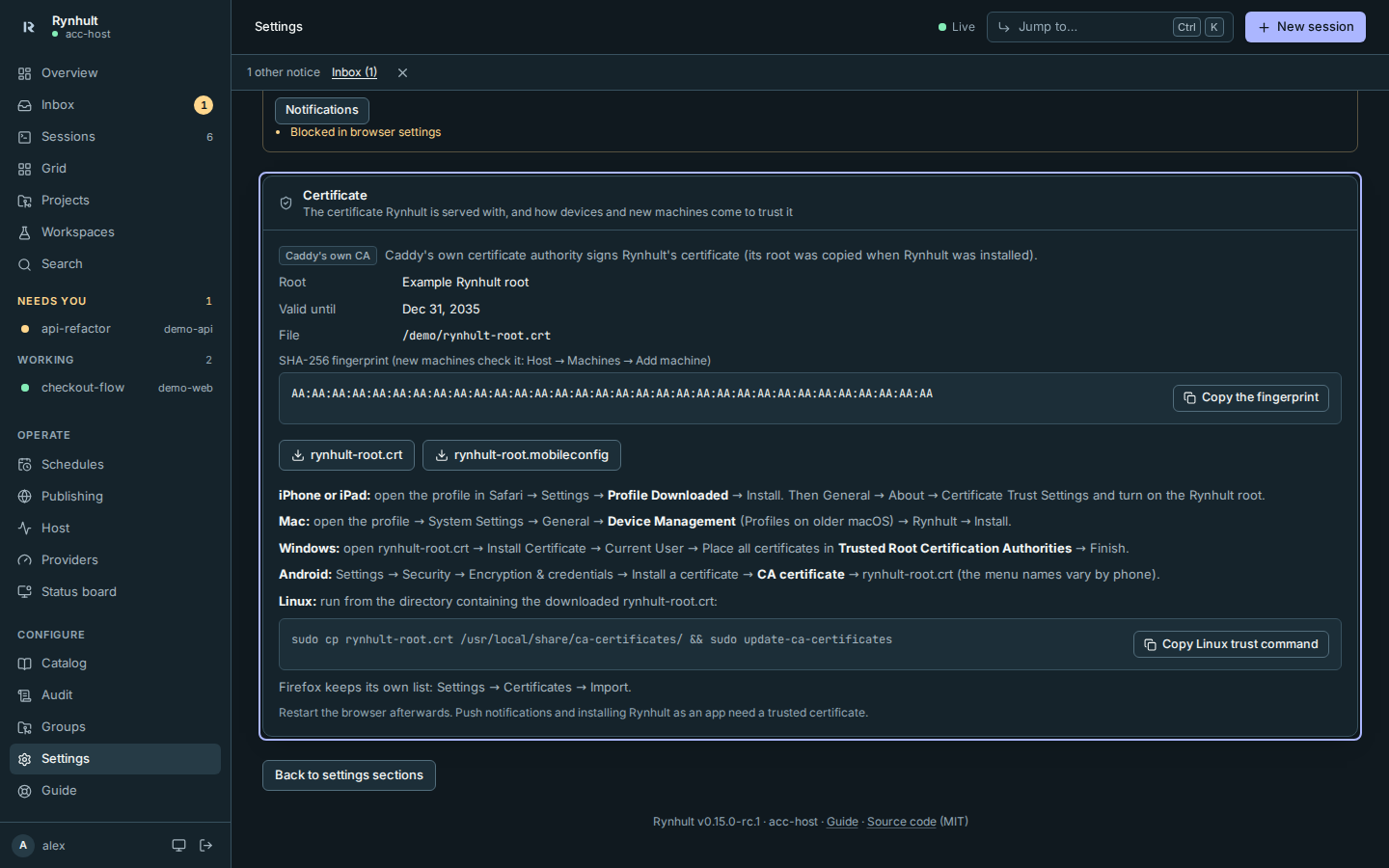 Settings → Certificate: the fingerprint and the downloads for each device