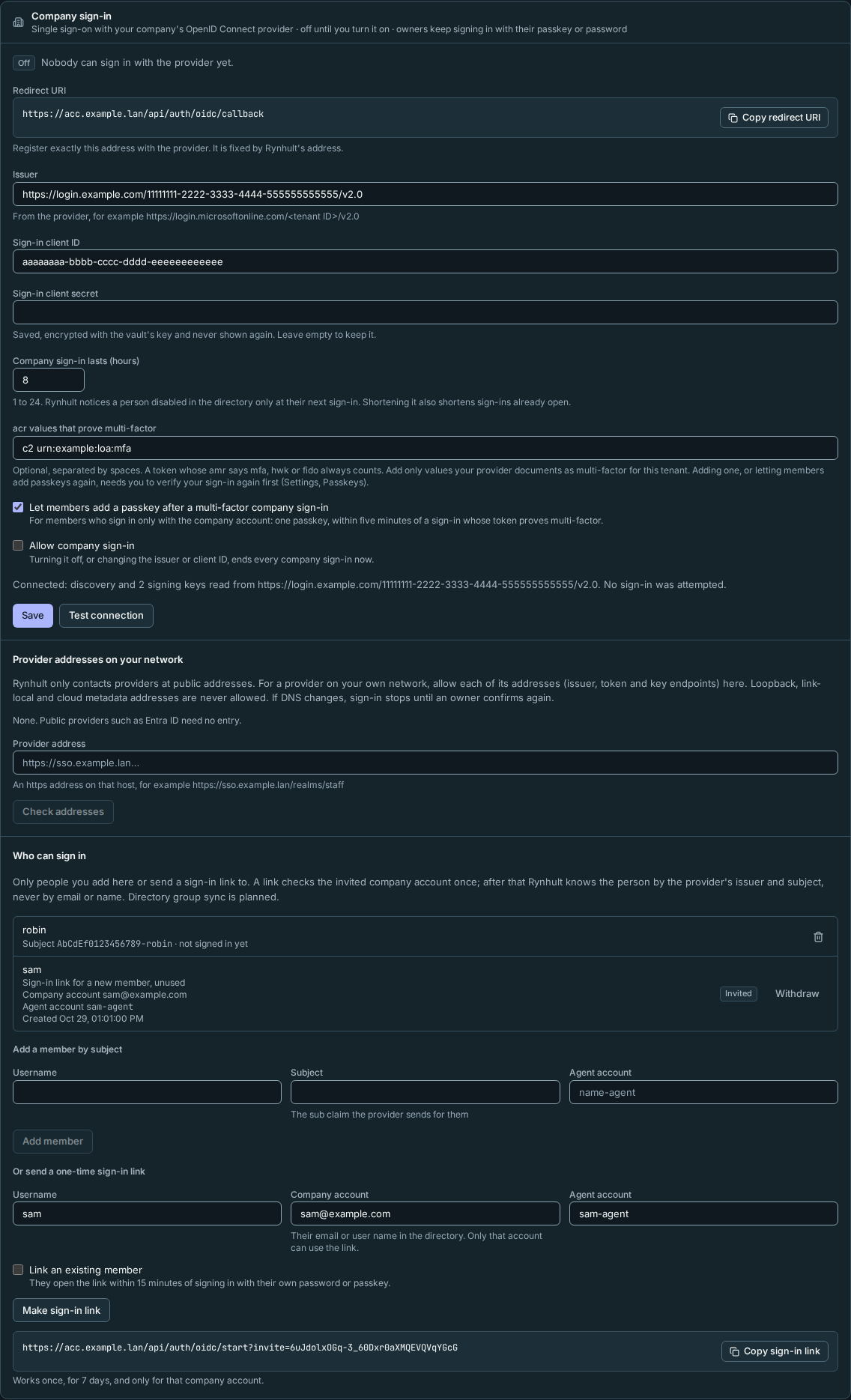 Company sign-in settings, off, with one member and one unused sign-in link
