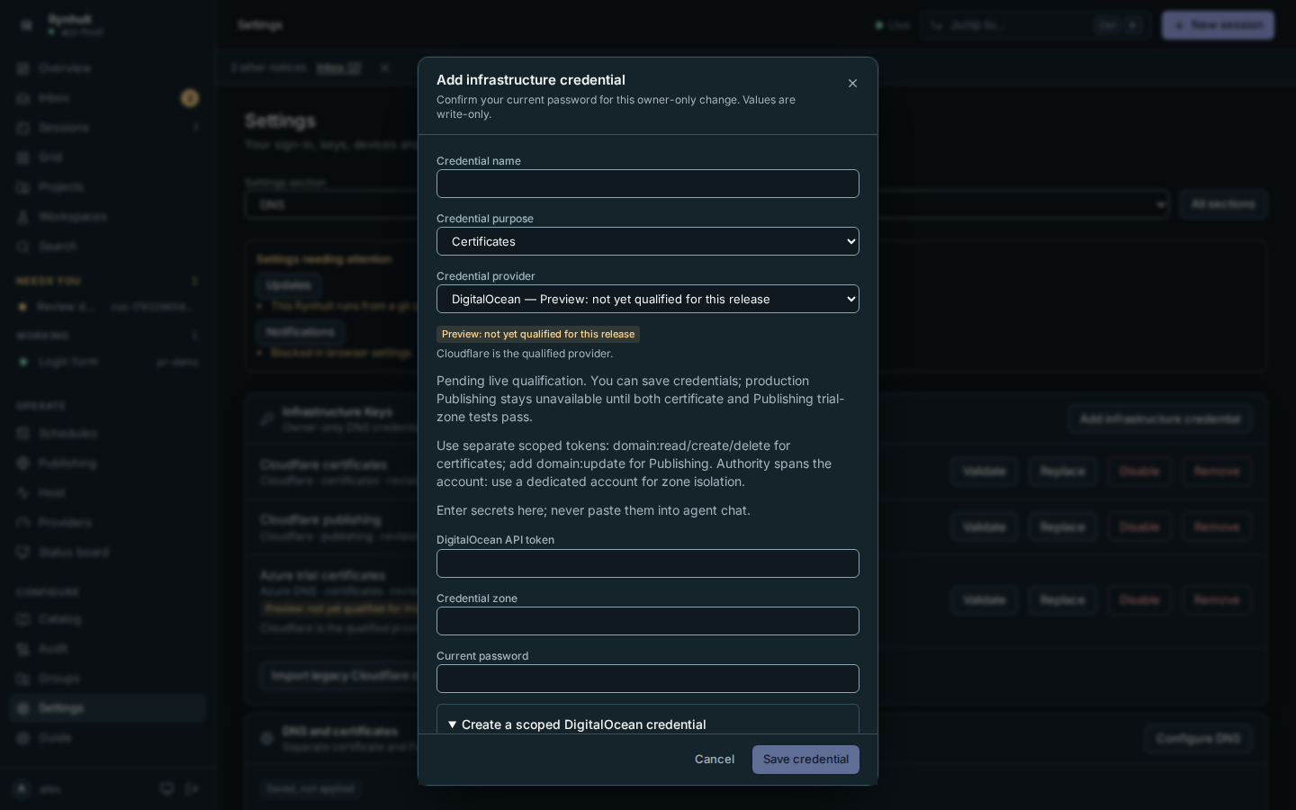 DigitalOcean candidate form with DNS lifecycle scope guidance