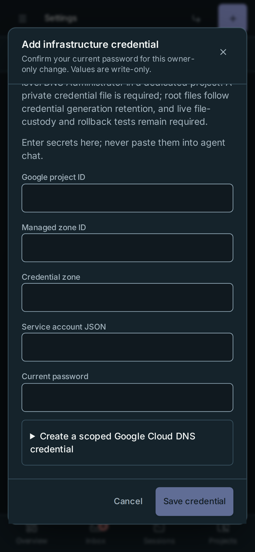 Google credential fields and pinned Cancel action on a phone