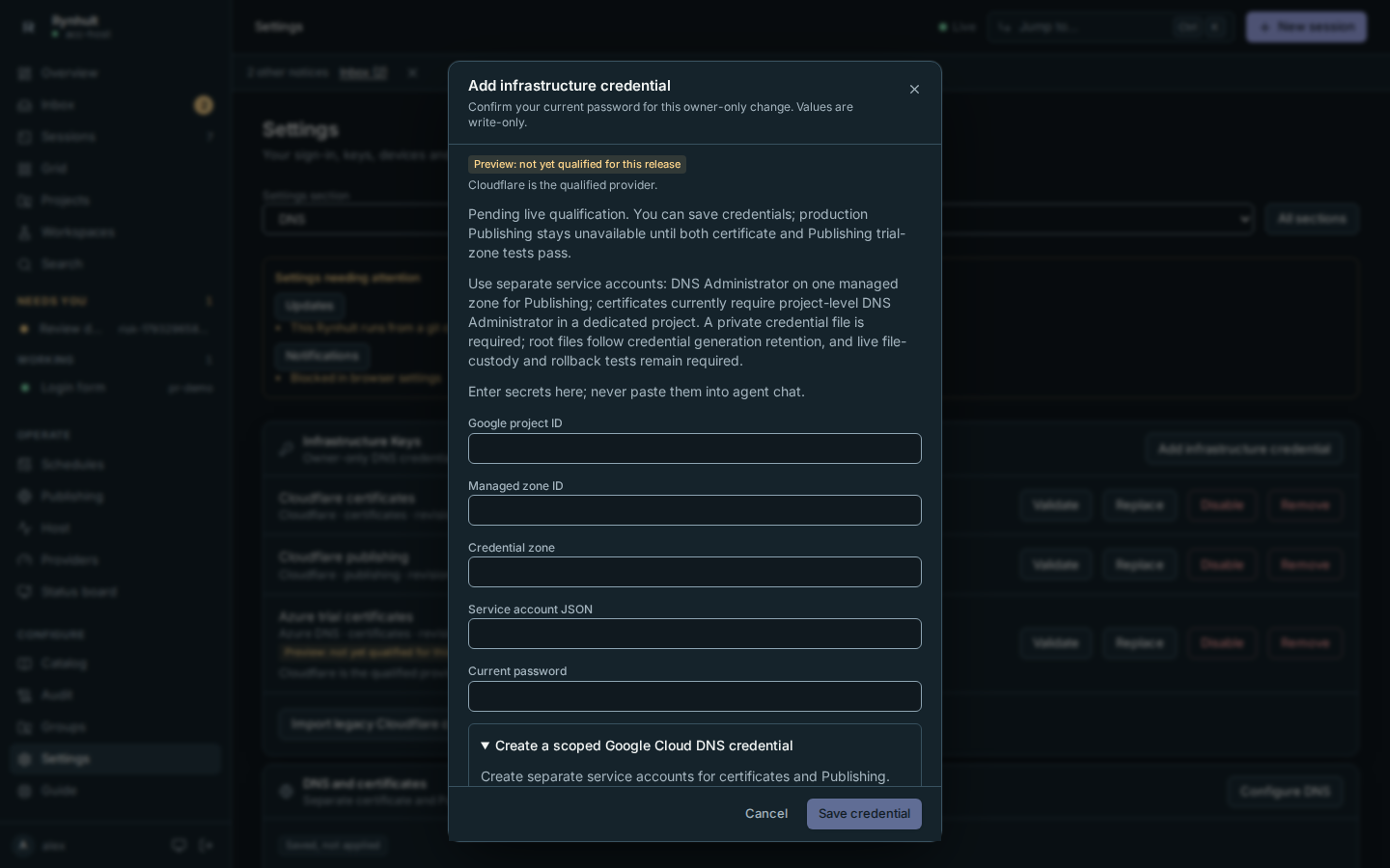Google Cloud DNS candidate form showing the project, zone and private JSON fields