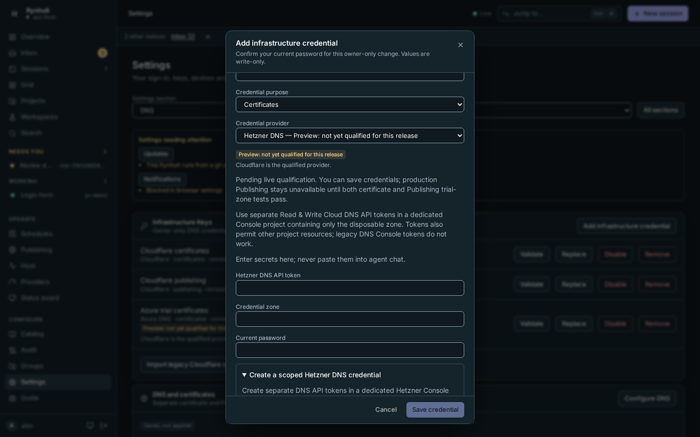 Hetzner candidate form explaining the current API and project token boundary