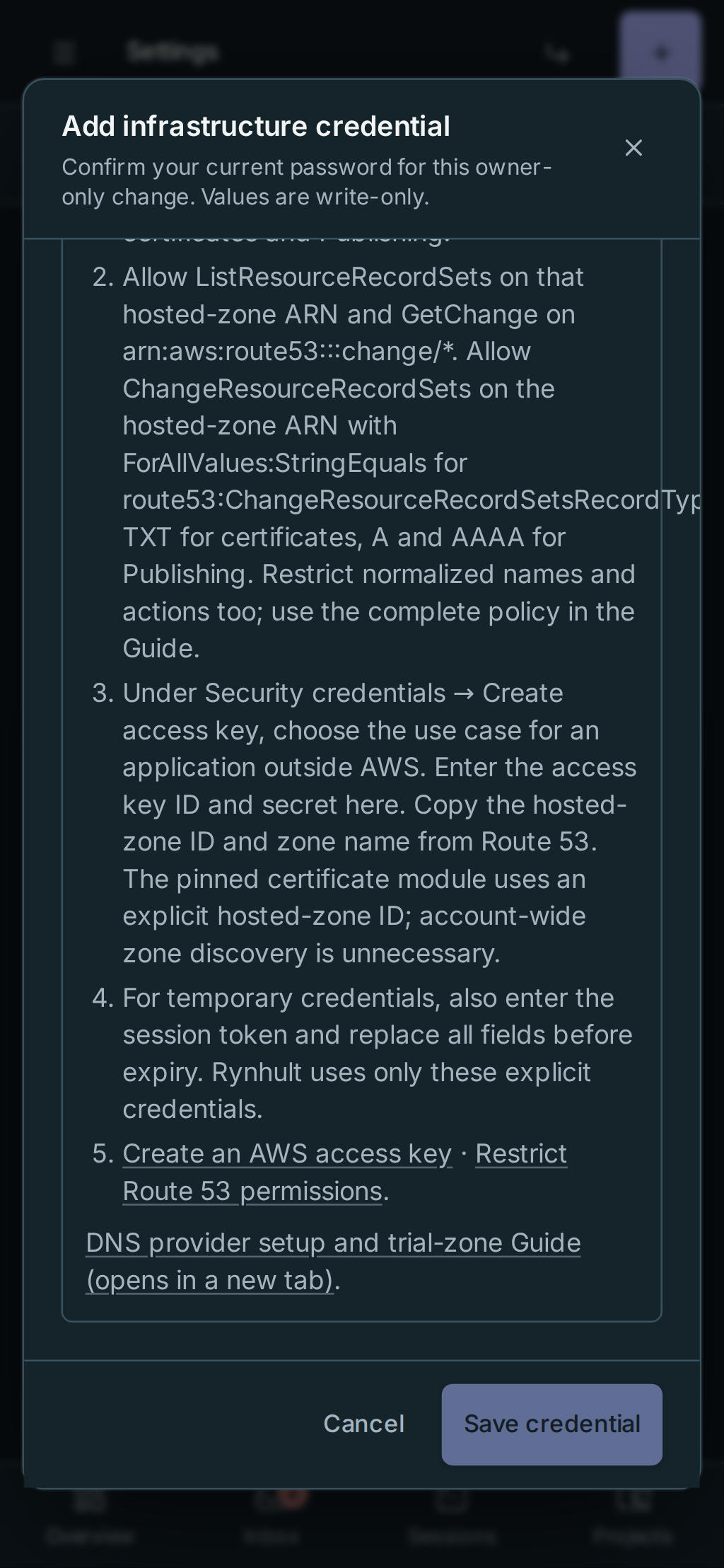 Phone credential dialog with readable setup instructions and reachable actions