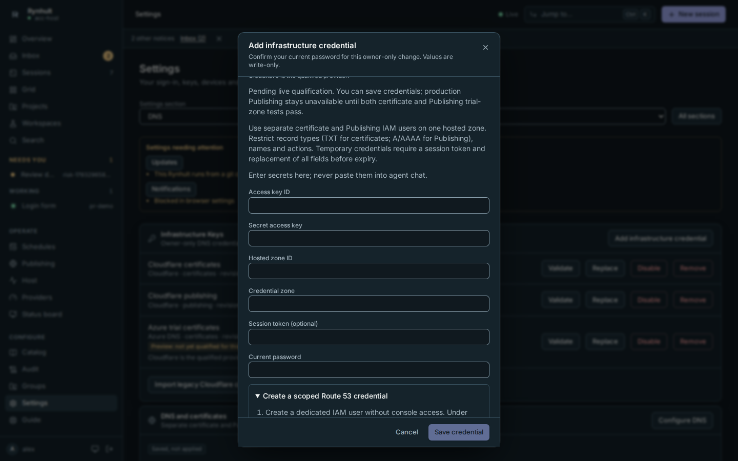 Route 53 credential form with zone and record-type permission instructions