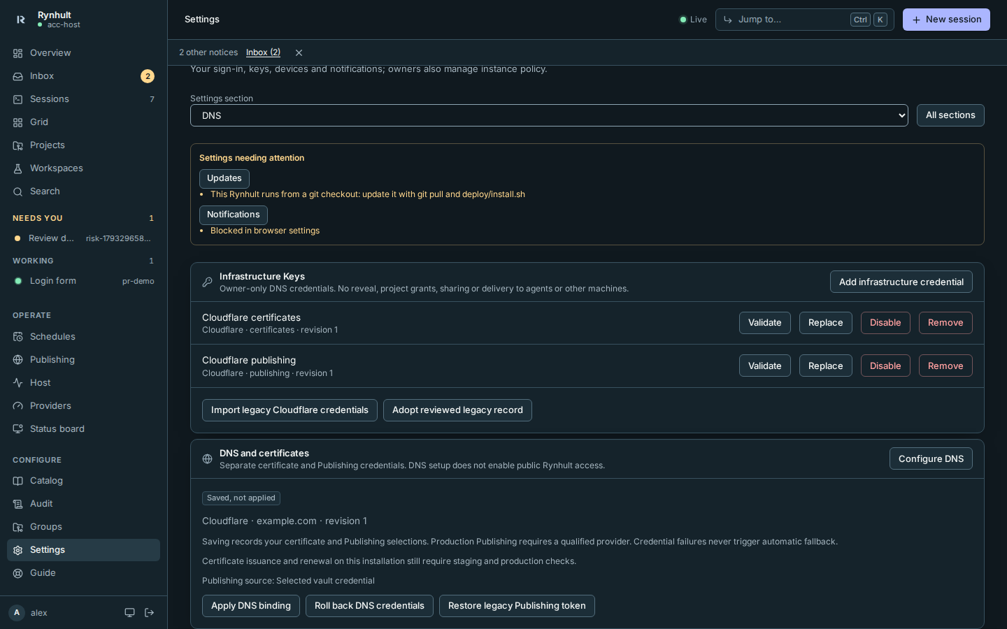 Owner DNS settings distinguish saved bindings from applied changes