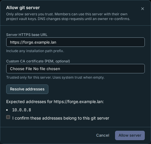 Owner confirmation of the addresses resolved for a demo git server