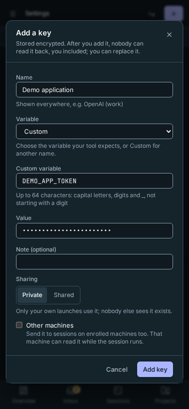 Custom variable on a phone, with the free-text field and pinned Add key action