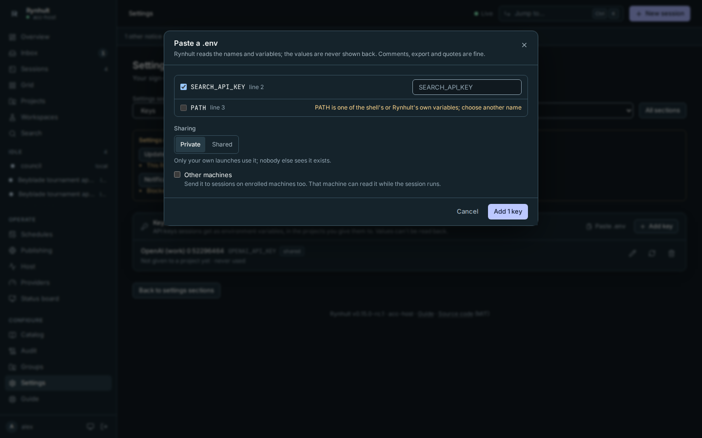 Pasting a .env: a preview of names and variables, values never shown