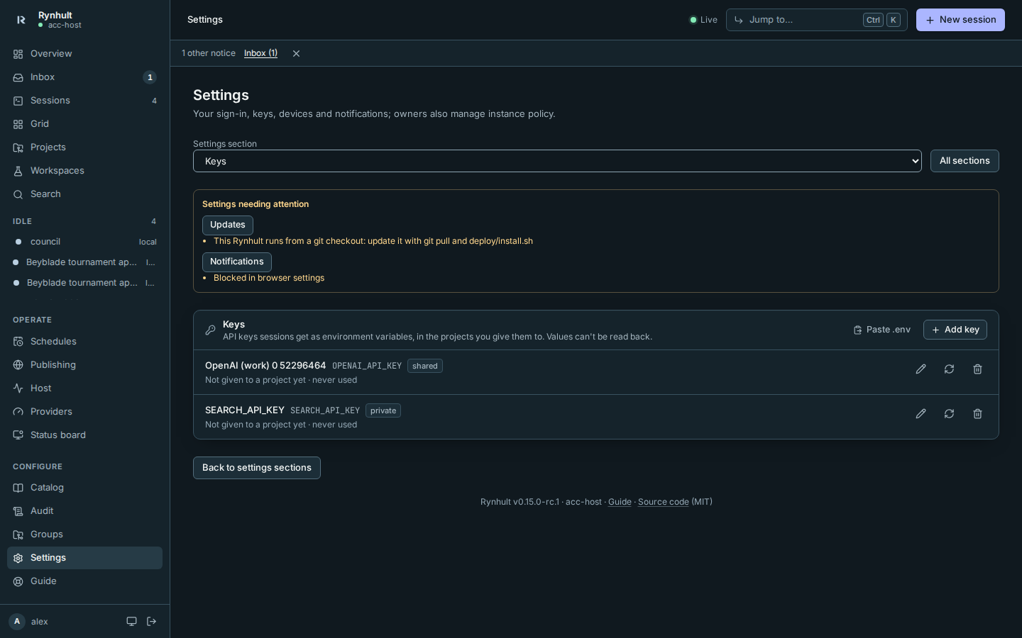 Settings → Keys: each key with its variable, sharing and the projects it's given to