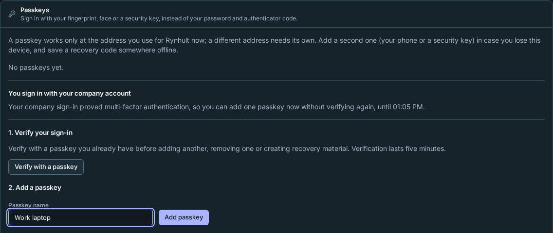 Passkeys for a company member right after a multi-factor sign-in