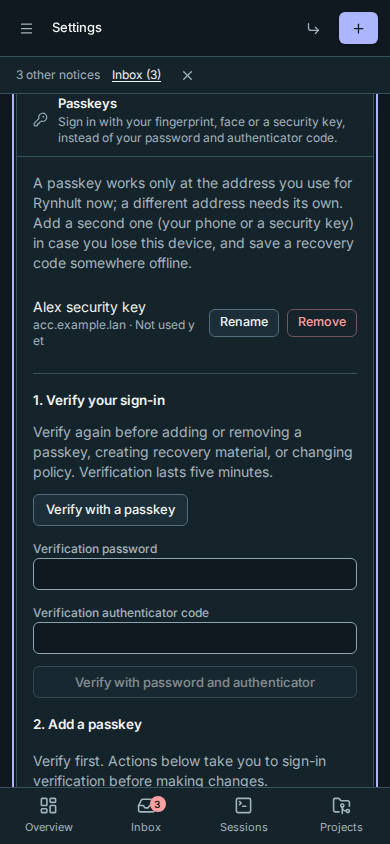 Passkey settings at phone width