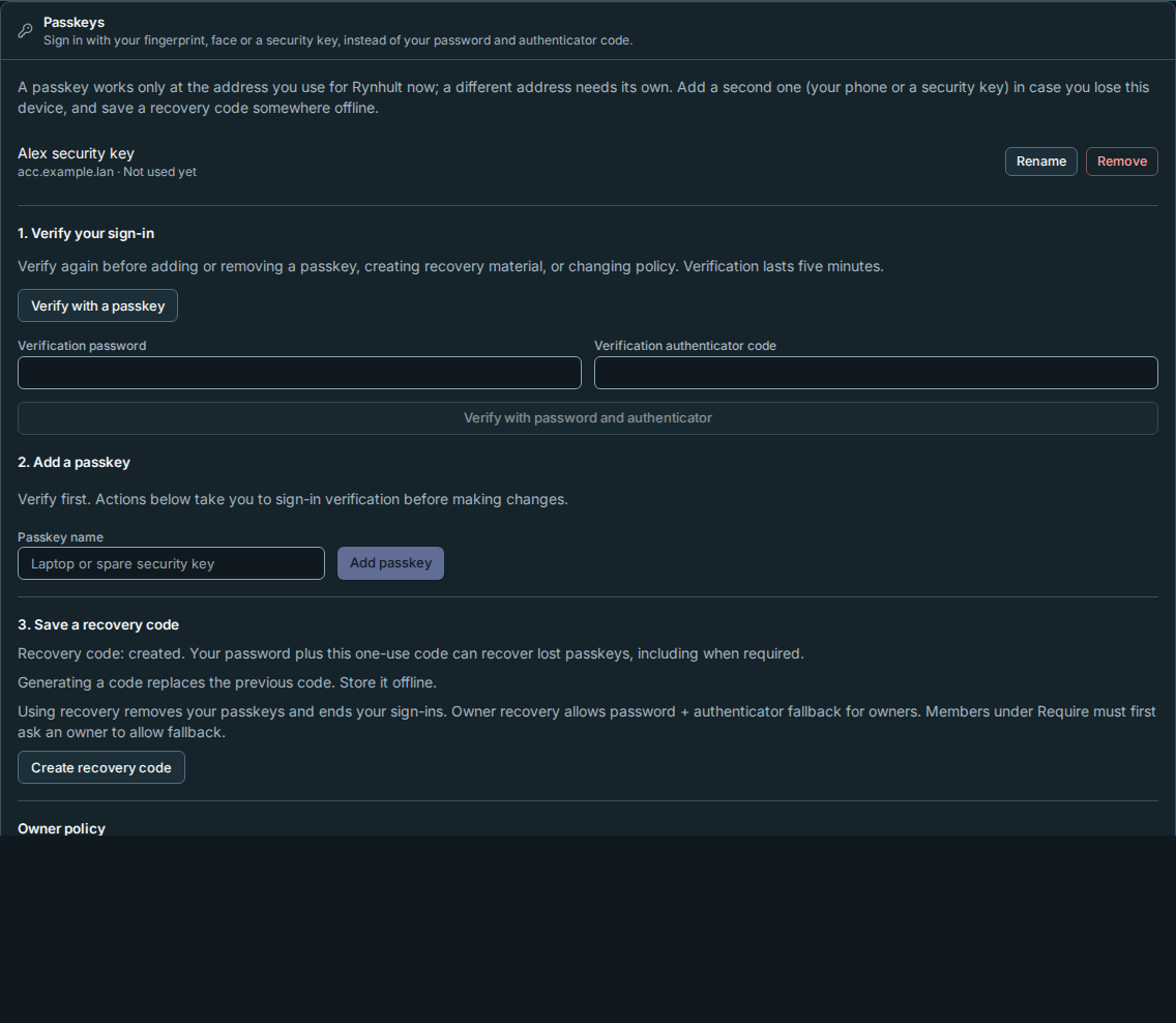 Passkeys in Settings, with a named security key and verification controls