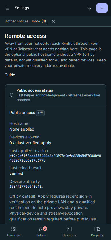 Remote access preparation on a phone, with public access still off