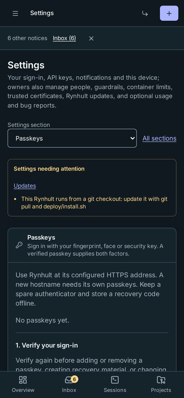 The Settings section chooser on a phone