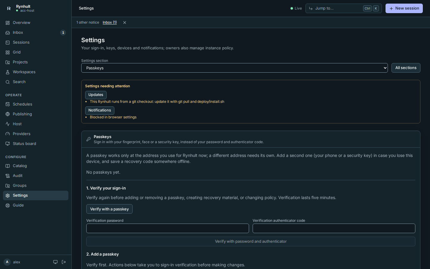 The labelled Settings section chooser and focused personal sign-in controls