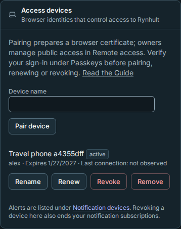 Access devices lists the signed-in person's identities and lifecycle actions