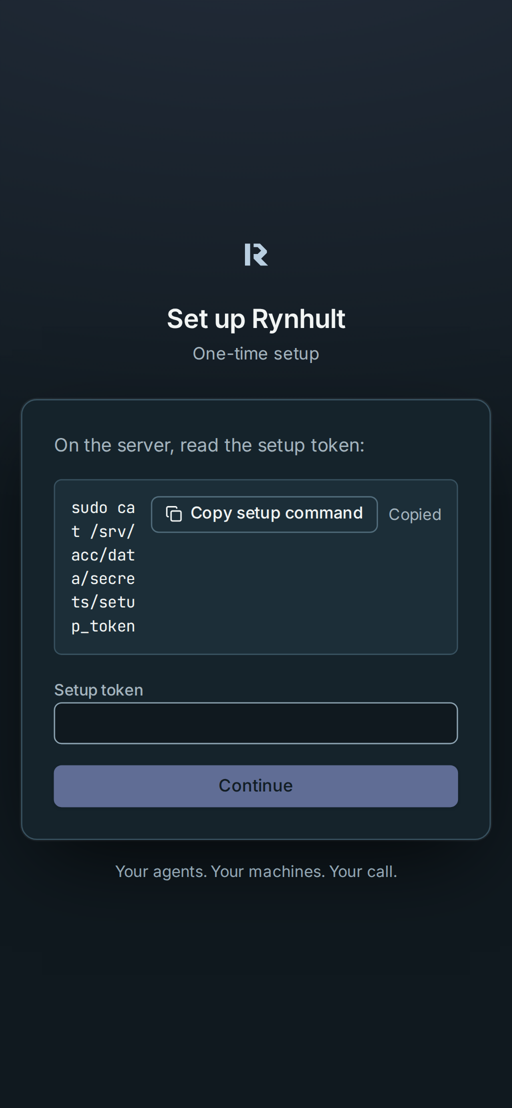First-run setup with a copyable command, before entering any token