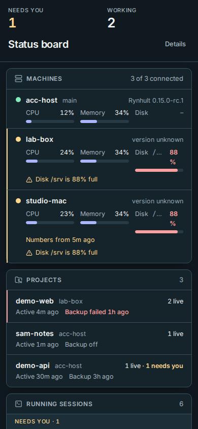 At 390 px, Needs you and Working appear above the title and Details, leaving the machine list visible immediately