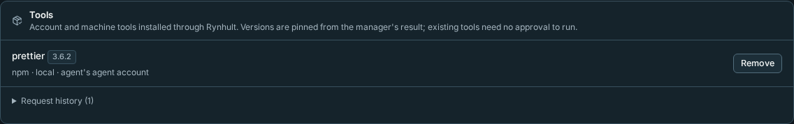 Tools installed through Rynhult, with a verified version and a removal action
