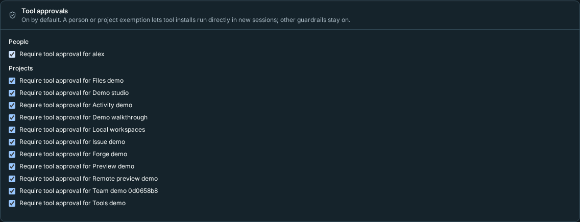 Owner-controlled tool approval settings per person and project