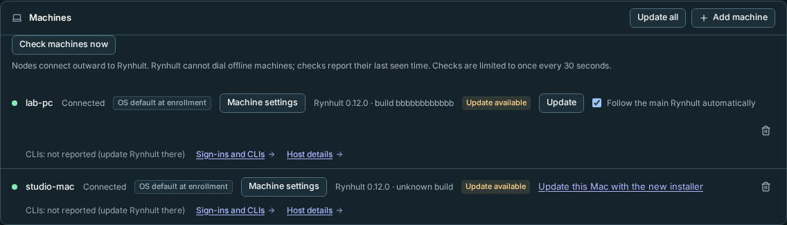 Machines reports builds and offers confirmed updates