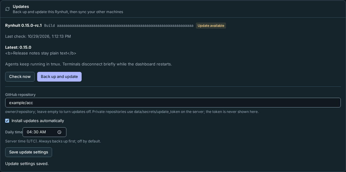 Illustrative update controls on 0.15.0-rc.1, with an example future stable release