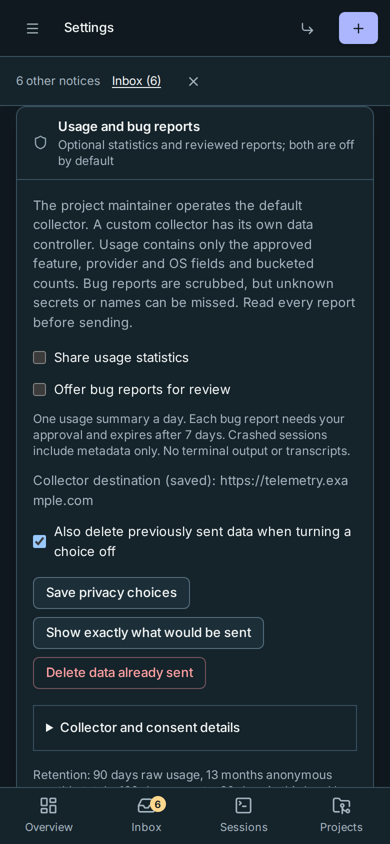 Phone consent controls with saved destination, deletion and collapsed collector details
