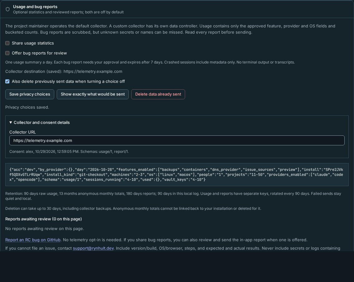 Owner settings with both sharing choices off and operational details and history collapsed