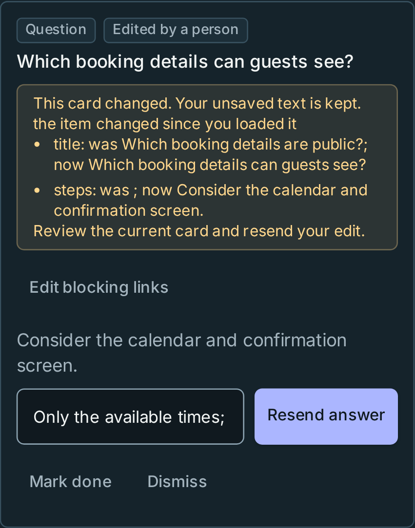 The same conflict review and retained answer on a phone
