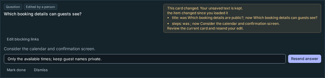 A changed question keeps the typed answer and offers one resend after review