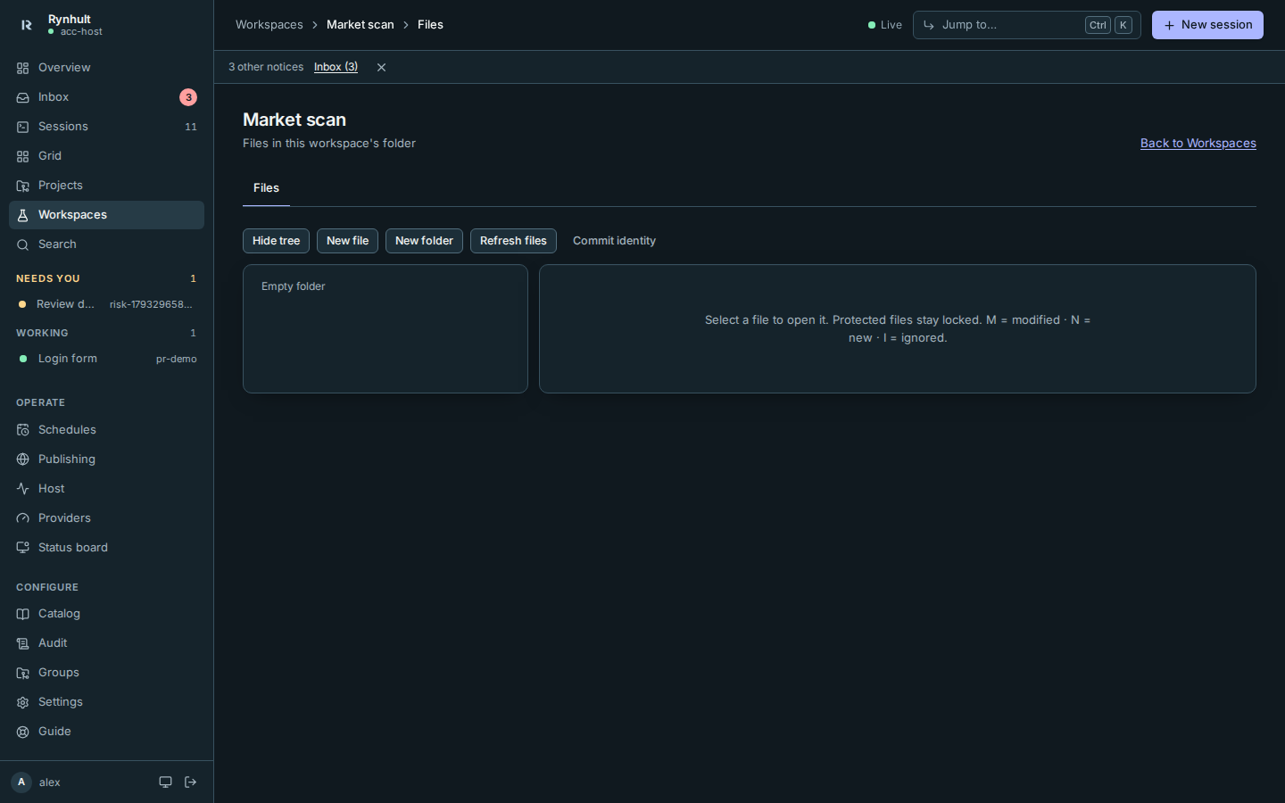 Workspace Files names the workspace and its breadcrumb ends in Files