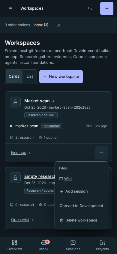 A workspace's secondary actions on a phone, away from its main Findings action