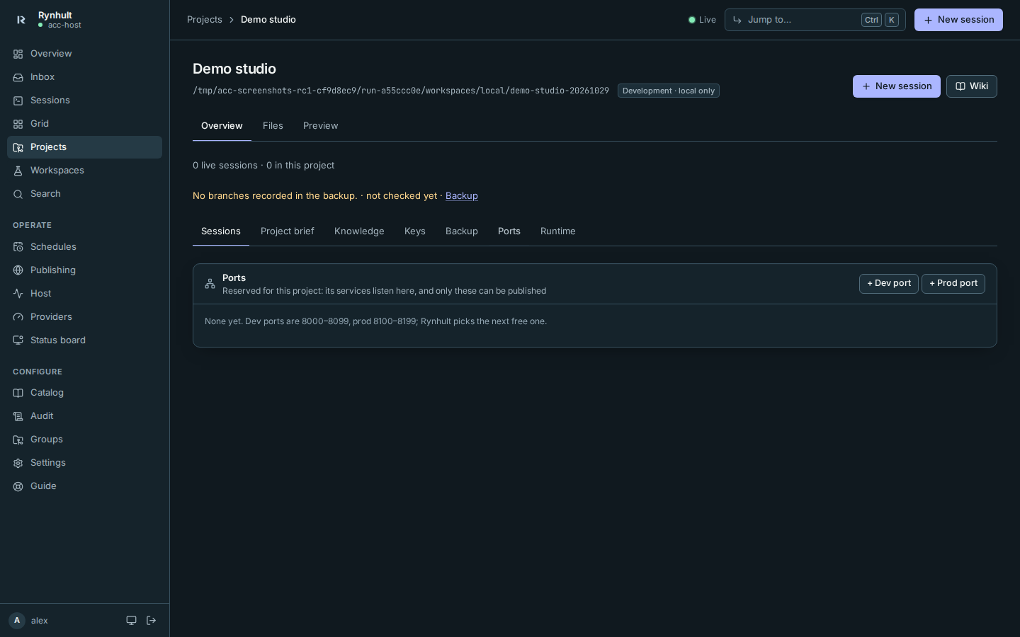 Development detail page with local-only status and shared project capabilities