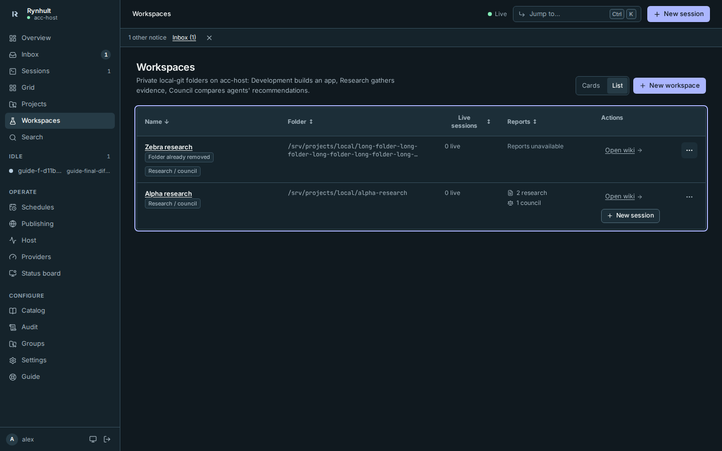 Workspaces as a sortable table