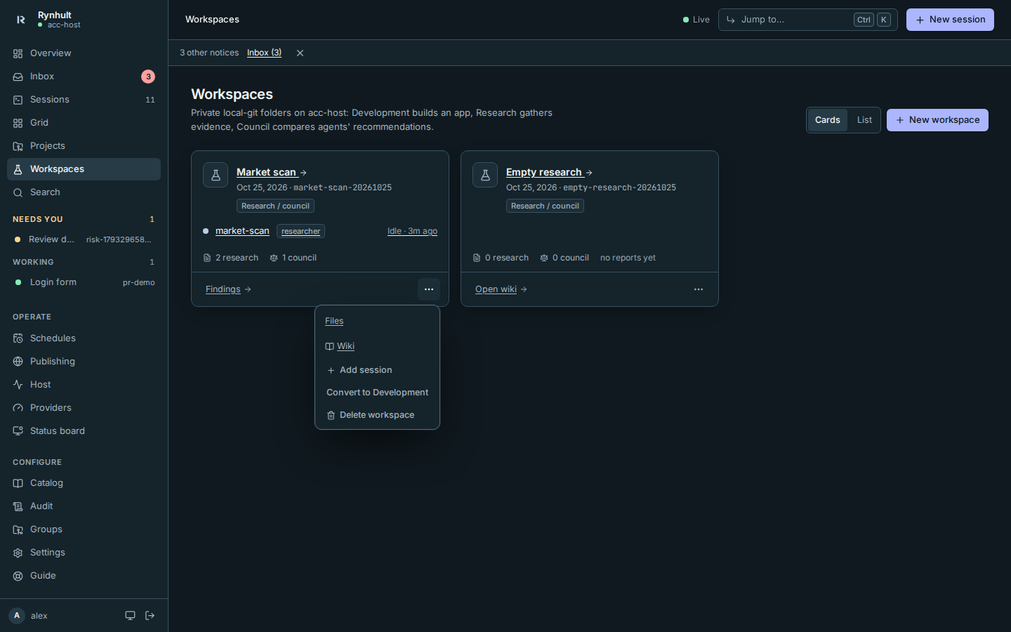 The Workspaces page