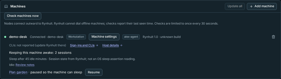 Host names idle sessions and offers Resume for a conversation paused for sleep