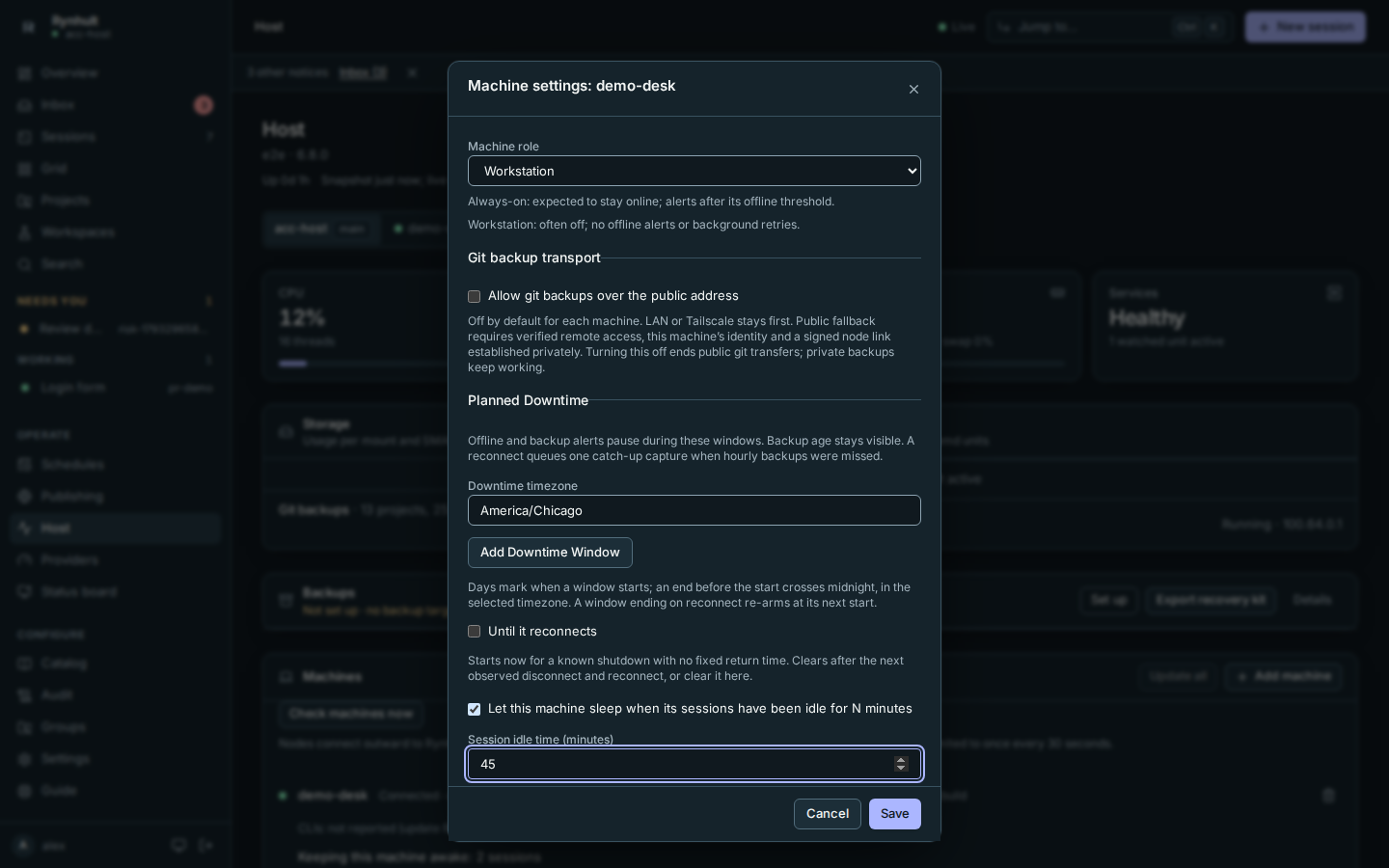 Workstation sleep is an opt-in setting with an editable idle duration