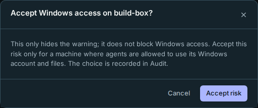 The confirmation explains that accepting the risk only hides the WSL warning