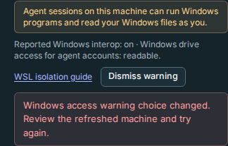An older WSL warning choice is refused and the current warning remains visible on a phone