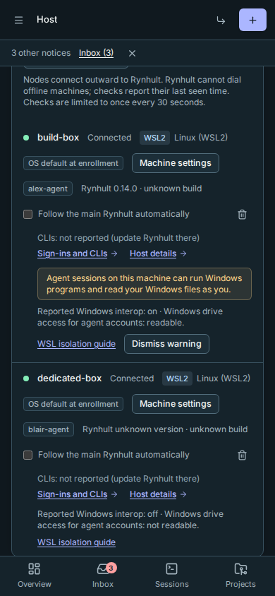 The WSL warning and its controls wrap within a phone screen