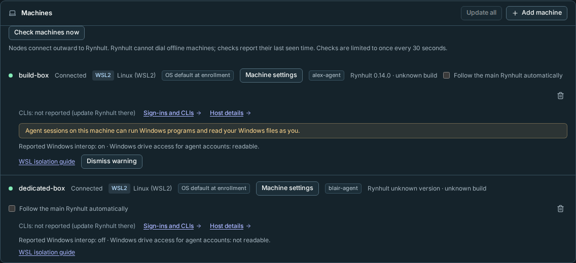 Host reports Windows interop and drive exposure on a WSL node